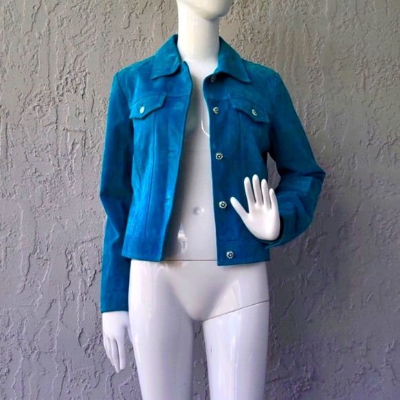 Yvonne Marie Womens Jacket Turquoise Leather Suede Rhinestone Buttons Lined
